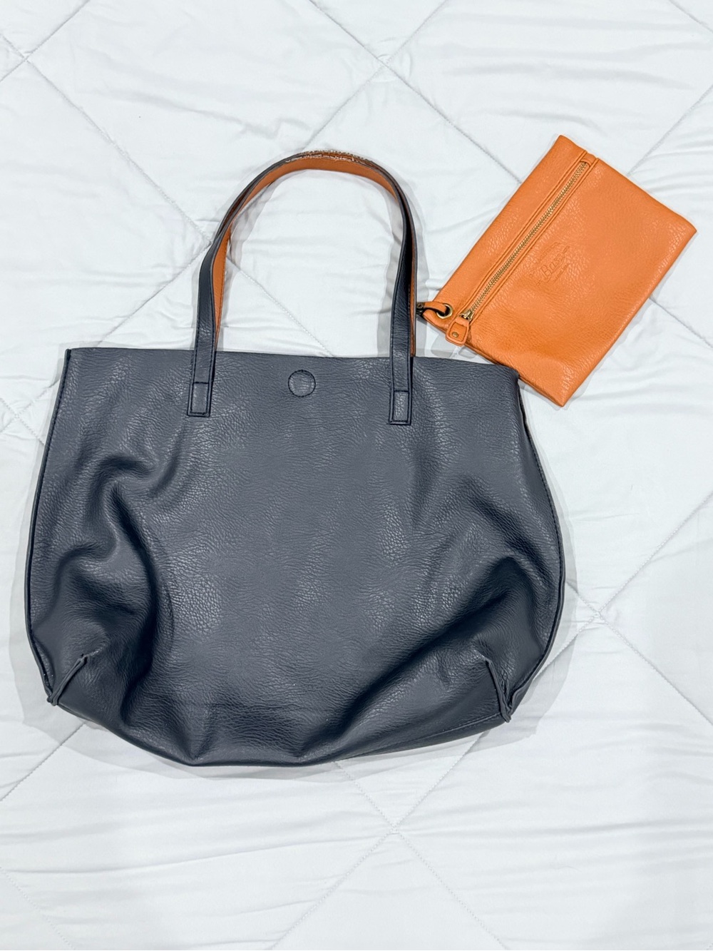 Leather Tote Bag with Orange Pouch - Black & Orange